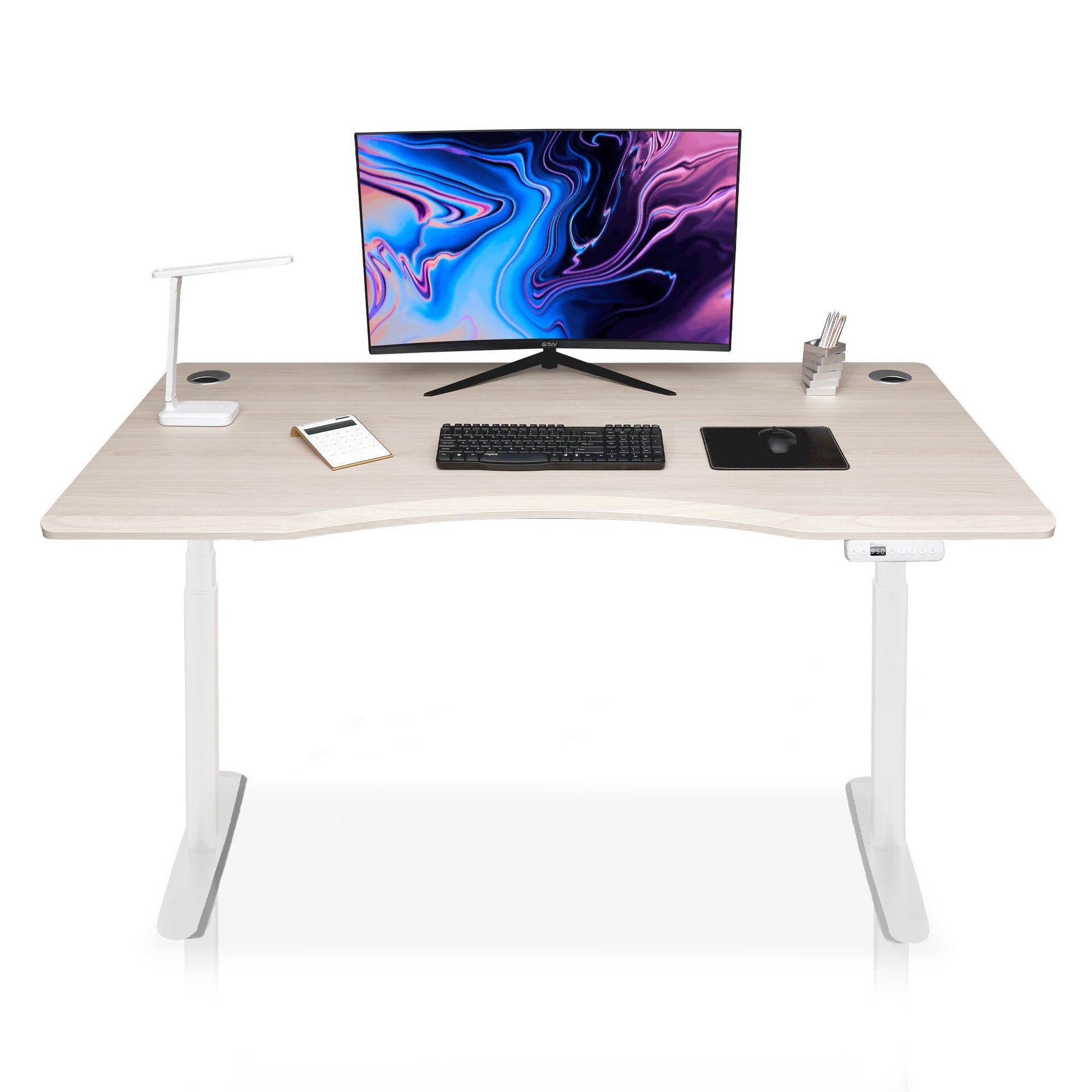 bureau assis debout incurvé 120cm pieds arrondis blanc / plateau chene clair