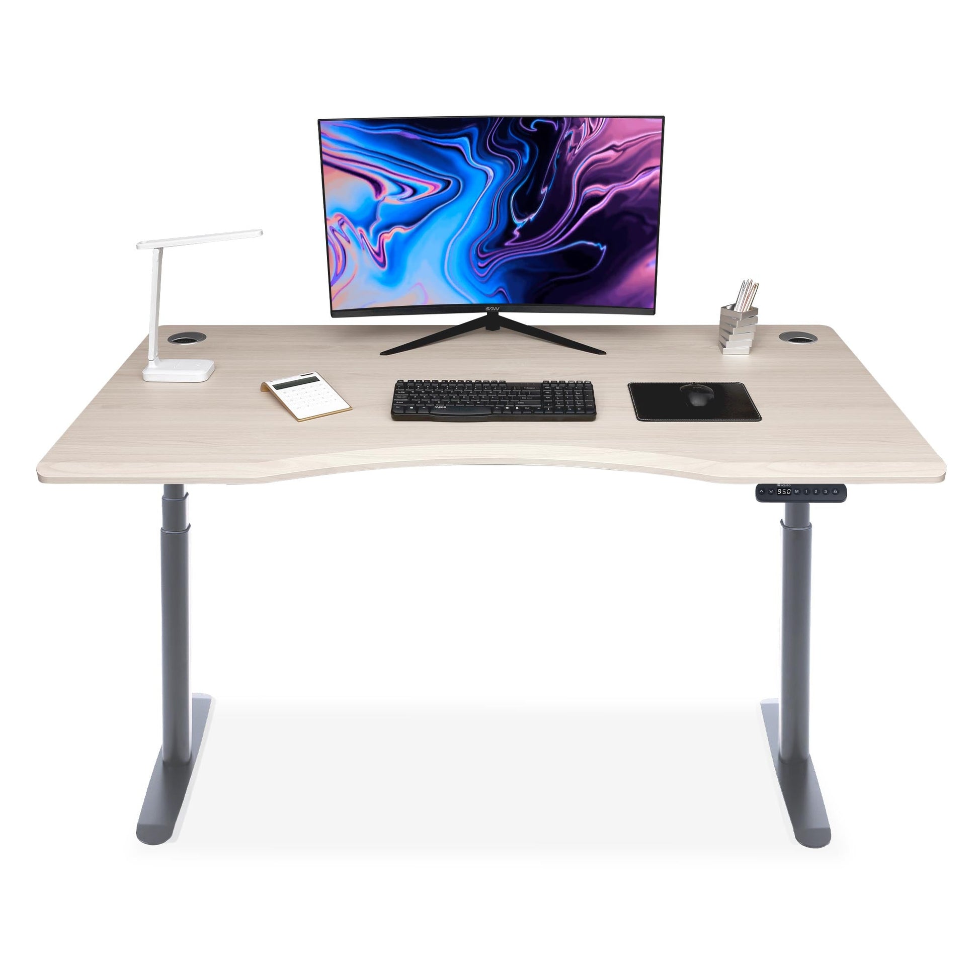 bureau assis debout incurvé 120cm pieds arrondis noir / plateau chene clair