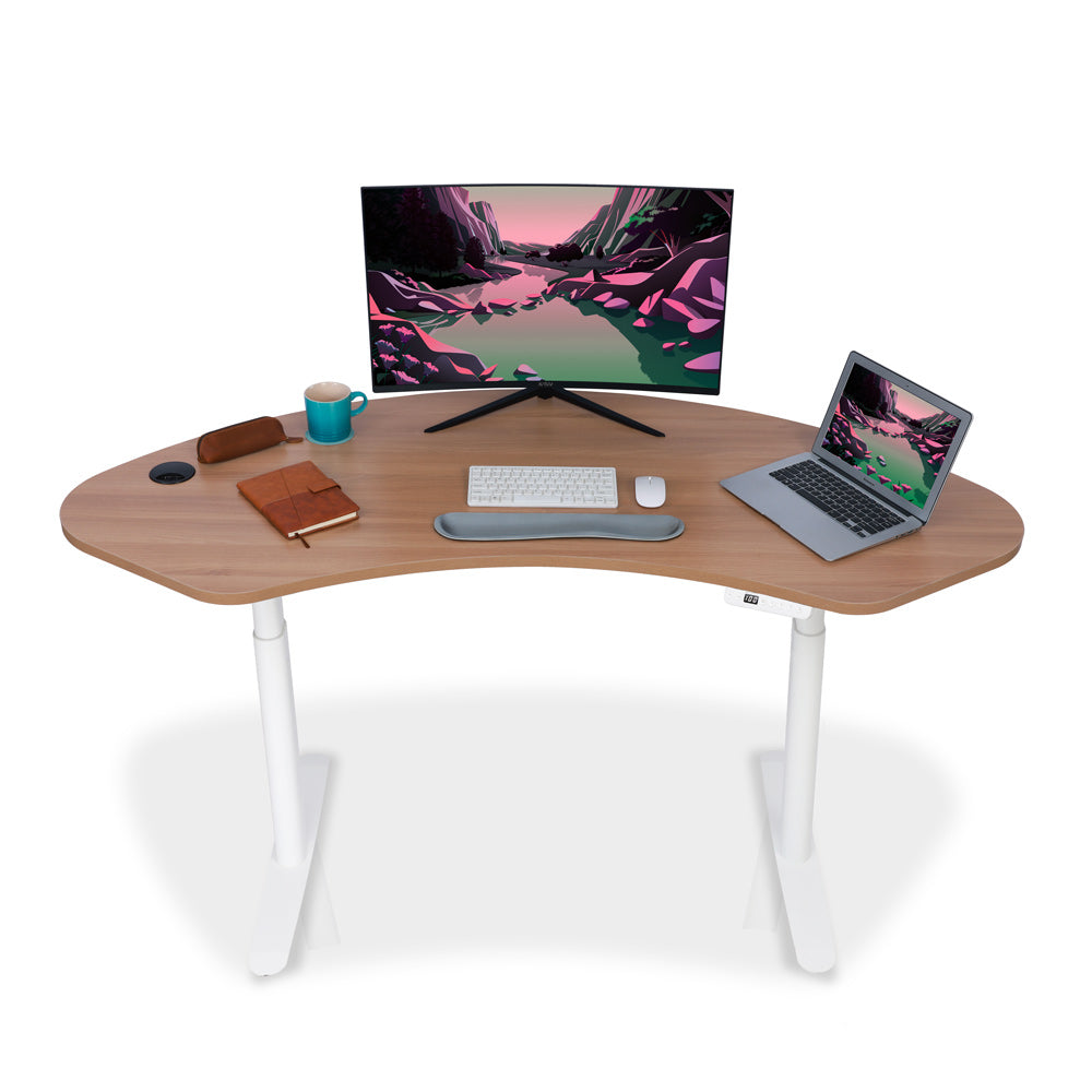 Bureau assis debout incurvé 160cm piètement arrondis blanc et plateau coloris chene