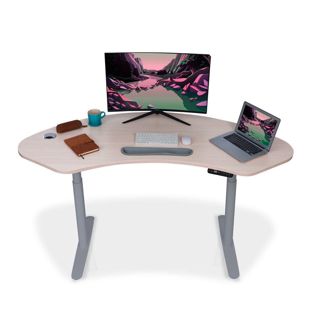Bureau assis debout incurvé 160cm piètement arrondis gris et plateau coloris chene clair