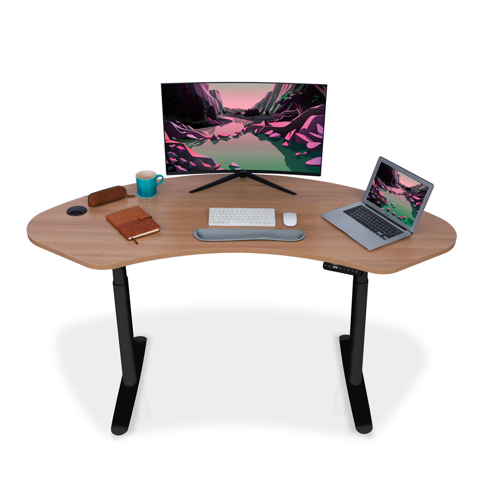 Bureau assis debout incurvé 160cm piètement arrondis noir et plateau coloris chene