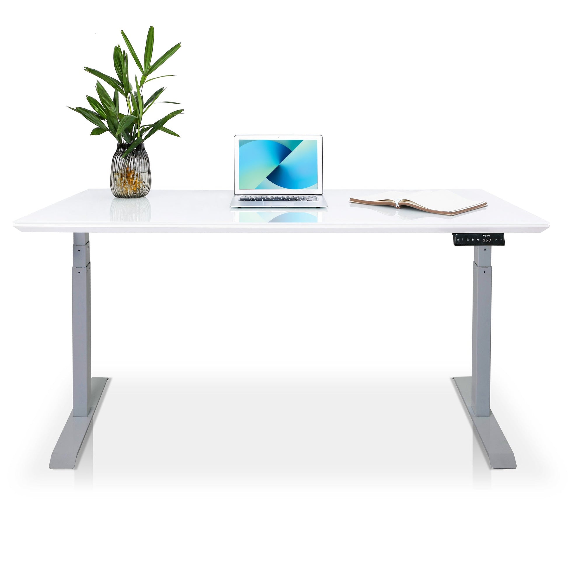 bureau assis debout EXECUTIVE en verre trempé gris/blanc