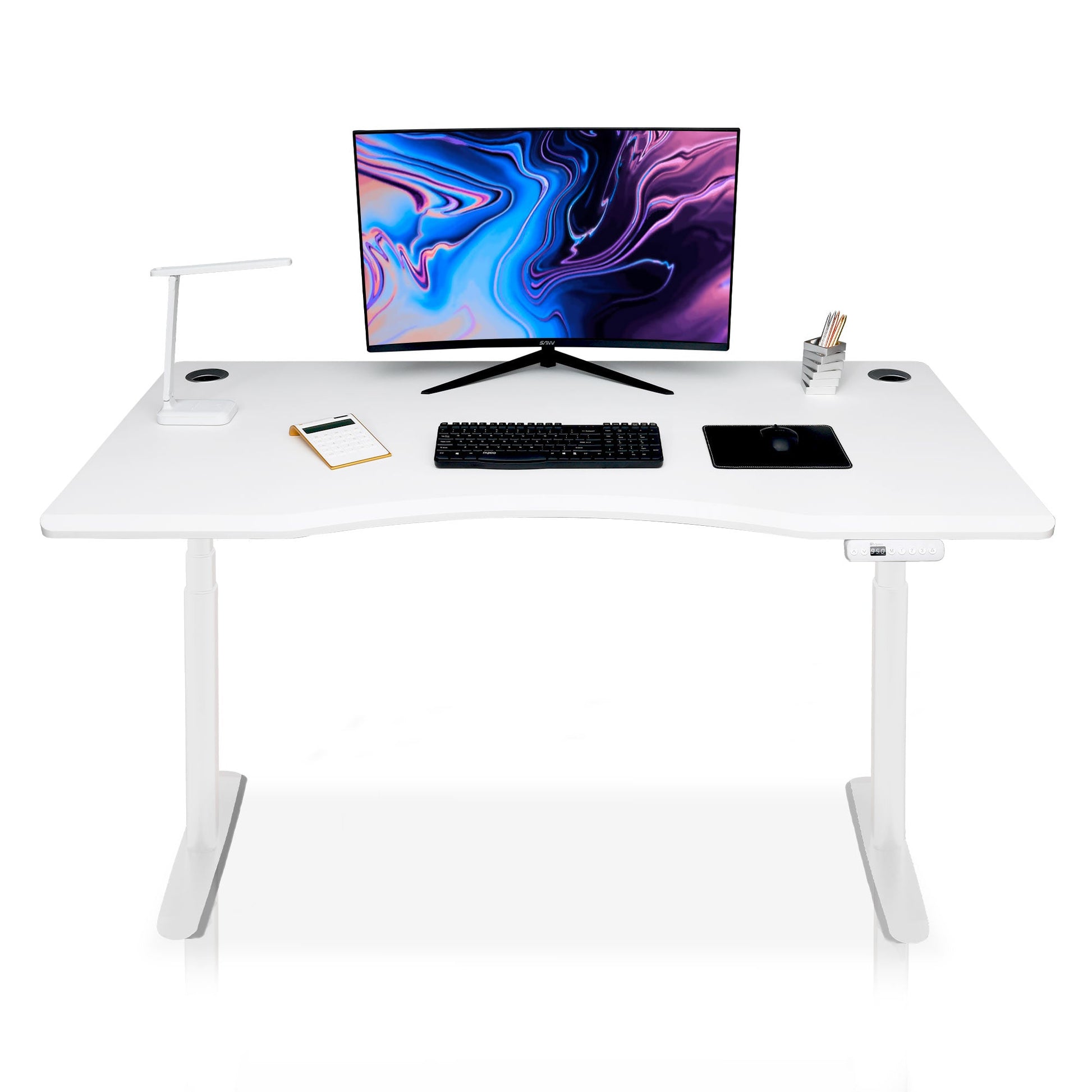 bureau assis debout incurvé 120cm pieds arrondis blanc / plateau blanc