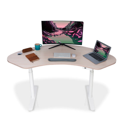 Bureau assis debout incurvé 160cm piètement arrondis blanc et plateau coloris chene clair